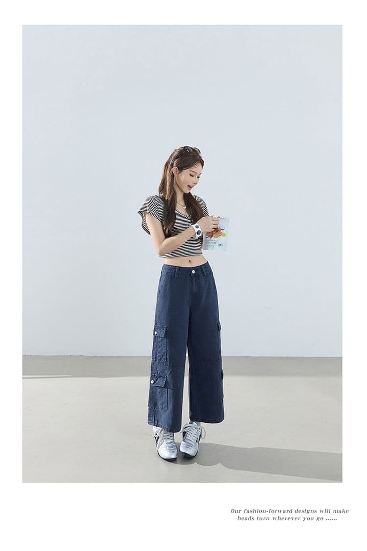 2 색 아메리칸 레트로 루즈핏 스트레이트 팬츠 다용도 여름 기타 주머니 워크웨어 팬츠 8 점 바지 청바지 여성 상세 이미지 10