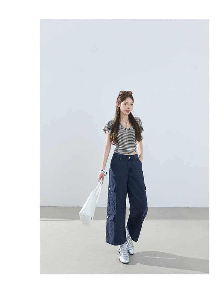 2 색 아메리칸 레트로 루즈핏 스트레이트 팬츠 다용도 여름 기타 주머니 워크웨어 팬츠 8 점 바지 청바지 여성 상세 이미지 11