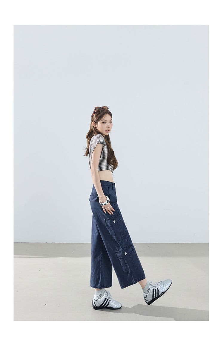 2 색 아메리칸 레트로 루즈핏 스트레이트 팬츠 다용도 여름 기타 주머니 워크웨어 팬츠 8 점 바지 청바지 여성 상세 이미지 18
