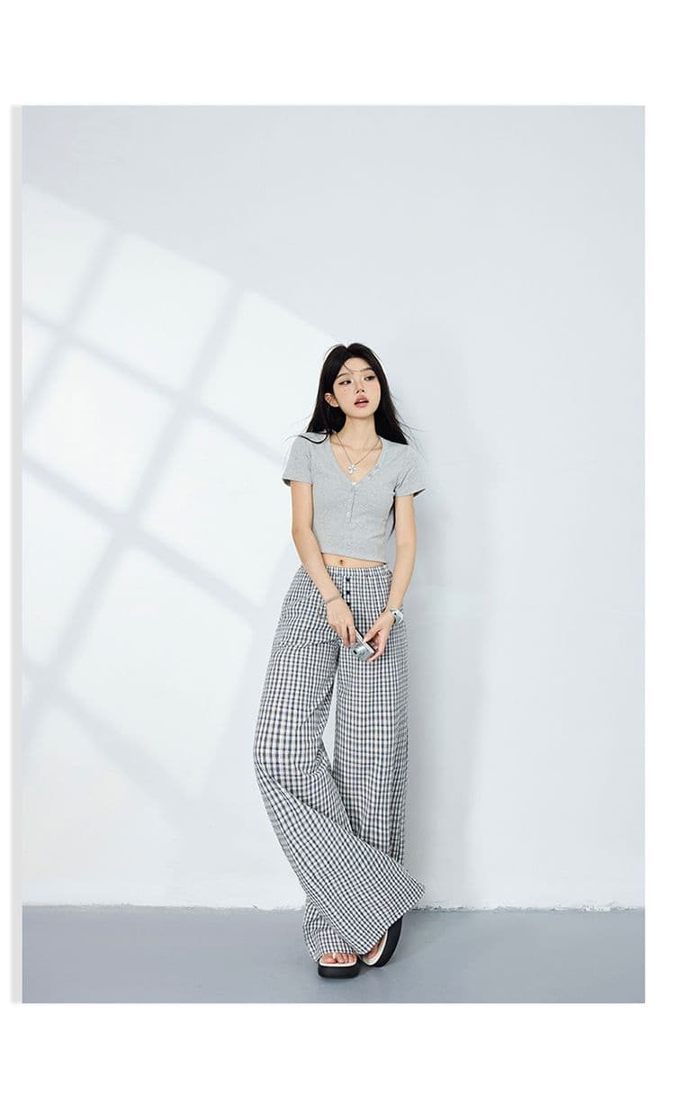 2 색 레트로 루즈핏 와이드 레그 팬츠 체크무늬 다용도 슬림해 보이는 느긋한 바람 스트레이트 단추 디자인 캐주얼 바지 여성 상세 이미지 14