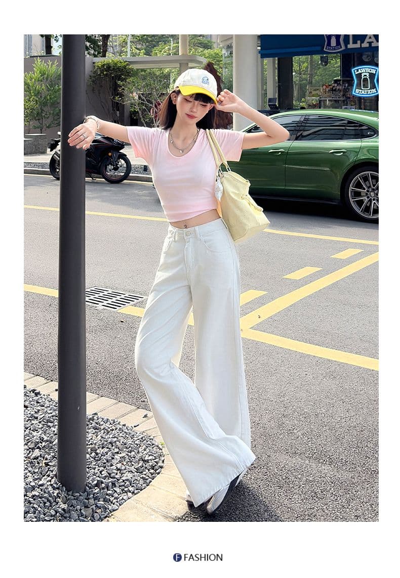 밀크 셰이크 화이트 익스트림 제인 고급 넓은 다리 면 100% 청바지 여성 부드러운 슬림해 보이는 다용도 스트레이트 팬츠 상세 이미지 9