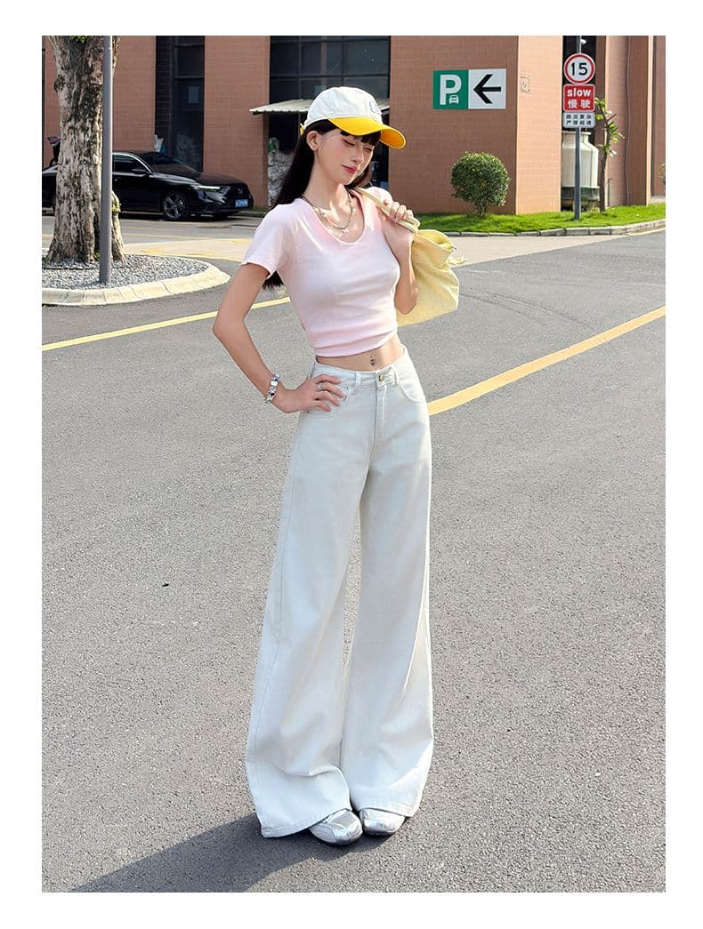 밀크 셰이크 화이트 익스트림 제인 고급 넓은 다리 면 100% 청바지 여성 부드러운 슬림해 보이는 다용도 스트레이트 팬츠 상세 이미지 10