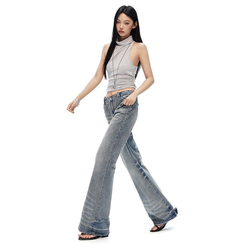 길다 다리 바지 왕 아메리칸 새로운 레트로 로우 웨이스트 부츠컷 청바지 여성 몸매 가꾸기 슬림해 보이는 넓은 다리 캐주얼 바지 ii 이미지 3