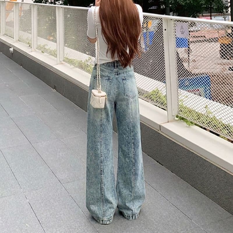 아메리칸 거리 바람 차가운 바람의 소리 일본식 디자인 센스 깨진 솔기 분할 청바지 여성 루즈핏 넓은 다리 청바지 이미지 3