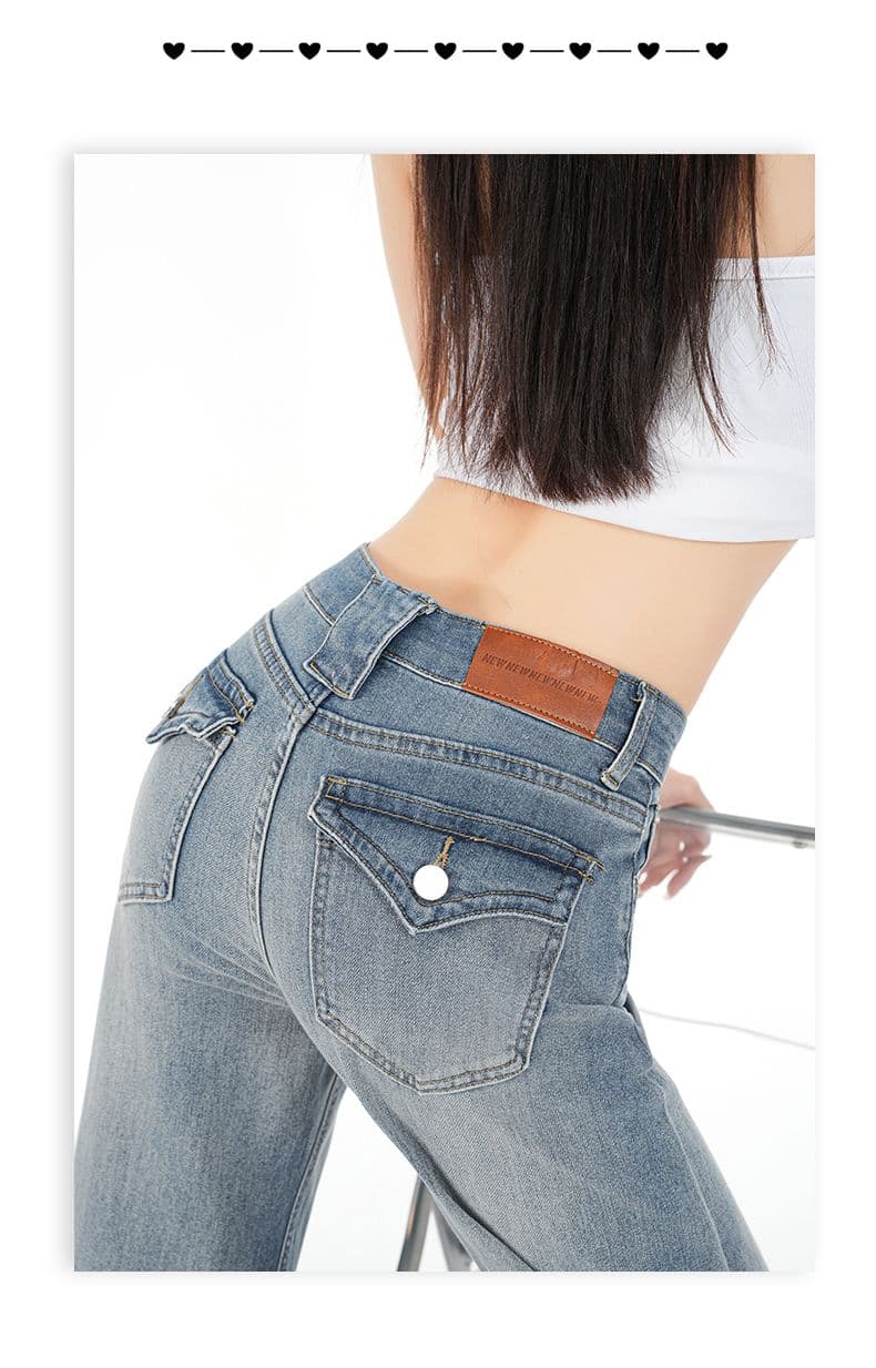 신제품 비전 이후 주머니 단추 디자인 센스 한 여성 레트로 자연 좋아 보인다. 마이크로 나팔 청바지 상세 이미지 8