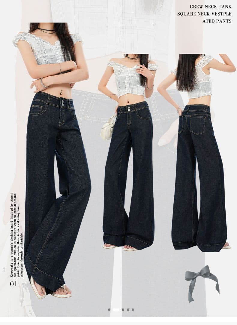 vogue 얼음 실크 터치 일상 센스 한국 스타일 데님 로우 웨이스트 핫걸 슬림해 보이는 더블 버클 부츠컷 청바지 여성 상세 이미지 1