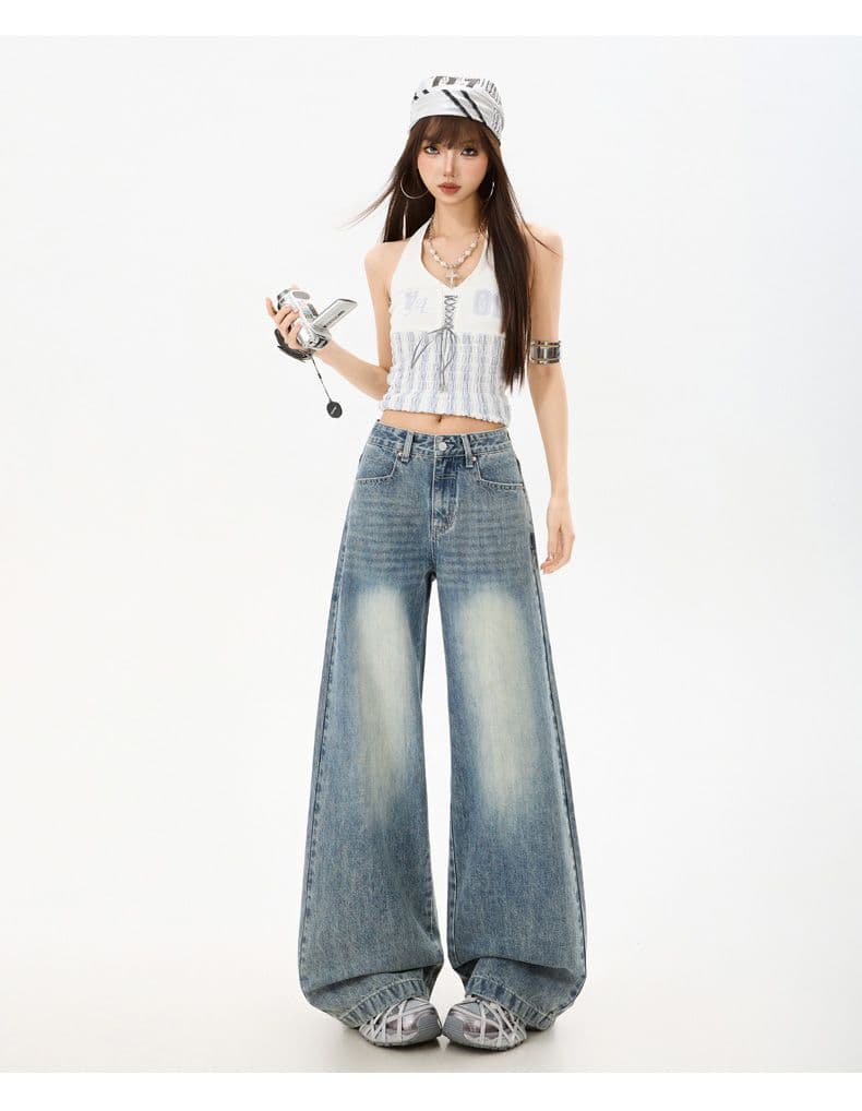 아메리칸 레트로 넓은 다리 청바지 사계절 섹션 루즈핏 슬림해 보이는 로우 웨이스트 워싱 꽃꽂이 자수 표준 스트레이트 바지 상세 이미지 30