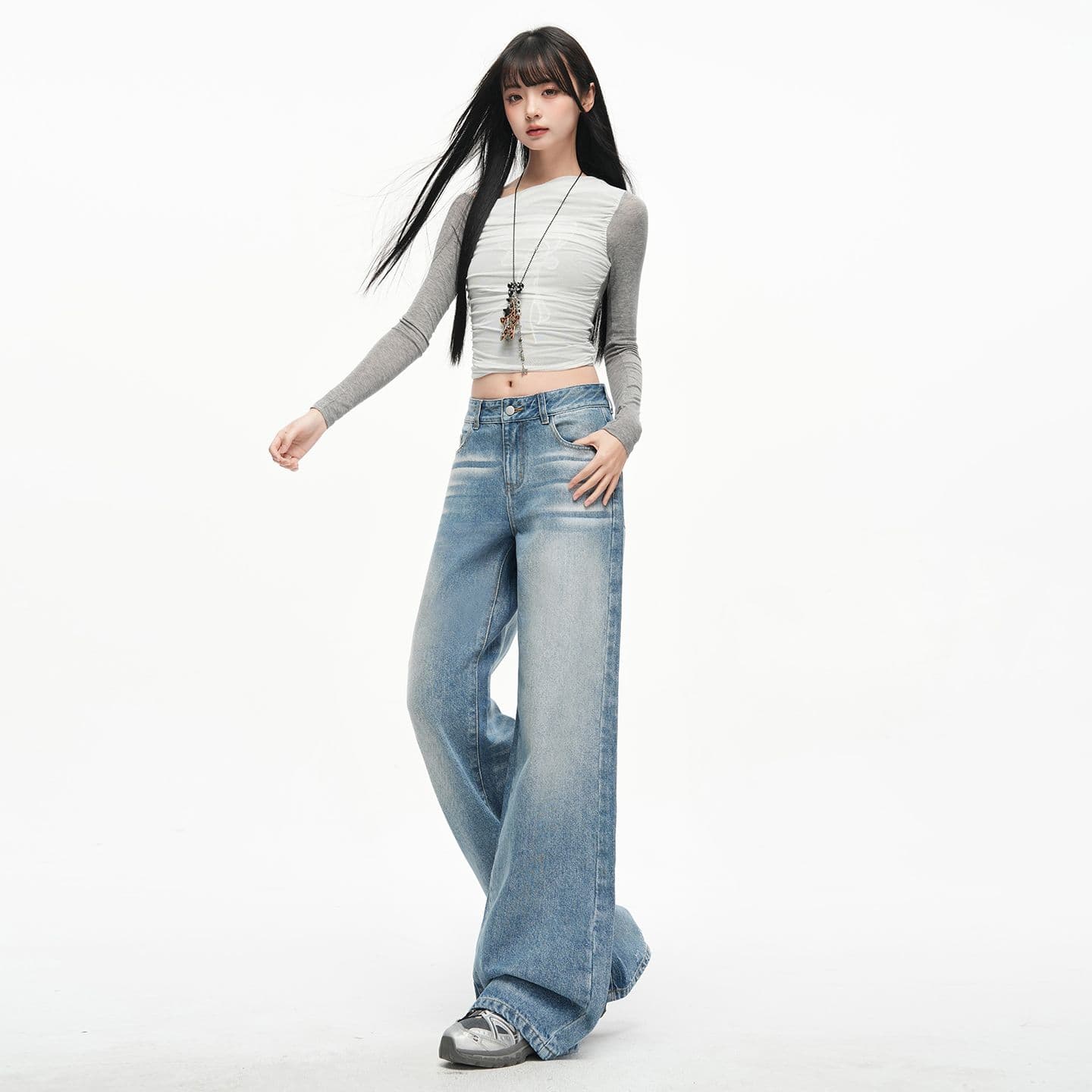 아메리칸 무거운 작업 압력 주름 고양이 반드시 청바지 여성 아니요 막대기 다리 루즈핏 부츠컷 넓은 편안함 핫걸 패션 나팔 긴 바지 이미지 3