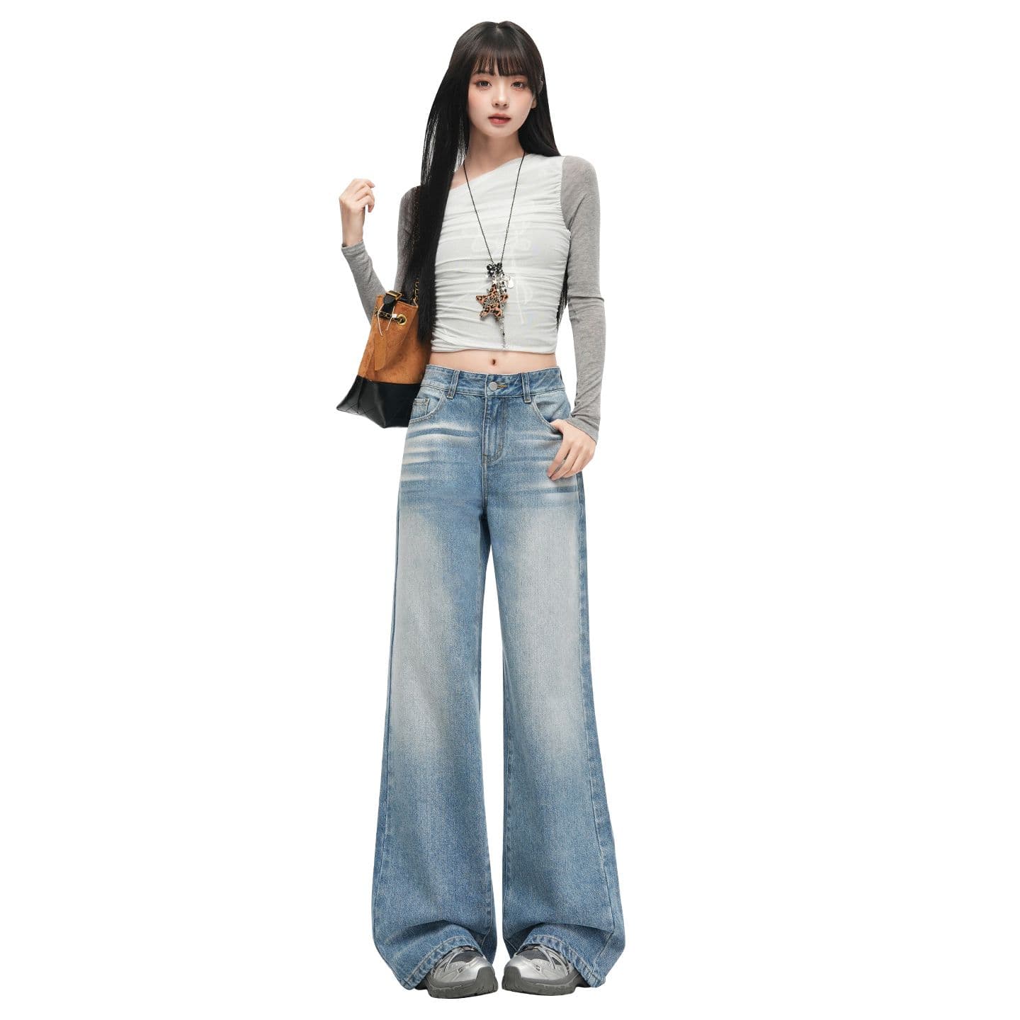 아메리칸 무거운 작업 압력 주름 고양이 반드시 청바지 여성 아니요 막대기 다리 루즈핏 부츠컷 넓은 편안함 핫걸 패션 나팔 긴 바지 이미지 6