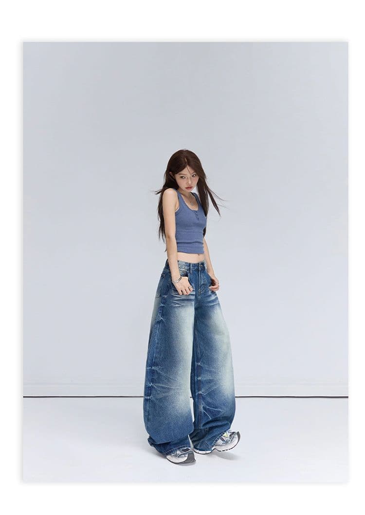 2 색 아메리칸 레트로 하이웨이스트 루즈핏 와이드 레그 팬츠 고양이 발톱 곡물 모통이 칼 바지 다용도 청바지 여성 상세 이미지 9