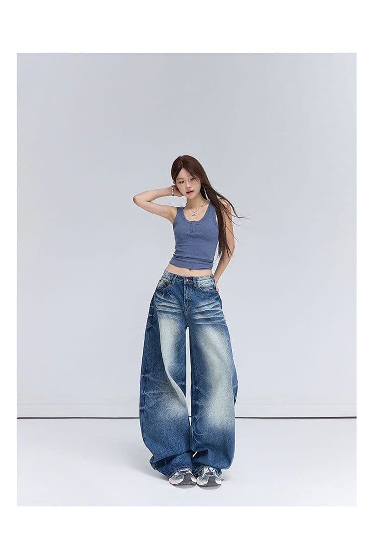 2 색 아메리칸 레트로 하이웨이스트 루즈핏 와이드 레그 팬츠 고양이 발톱 곡물 모통이 칼 바지 다용도 청바지 여성 상세 이미지 11