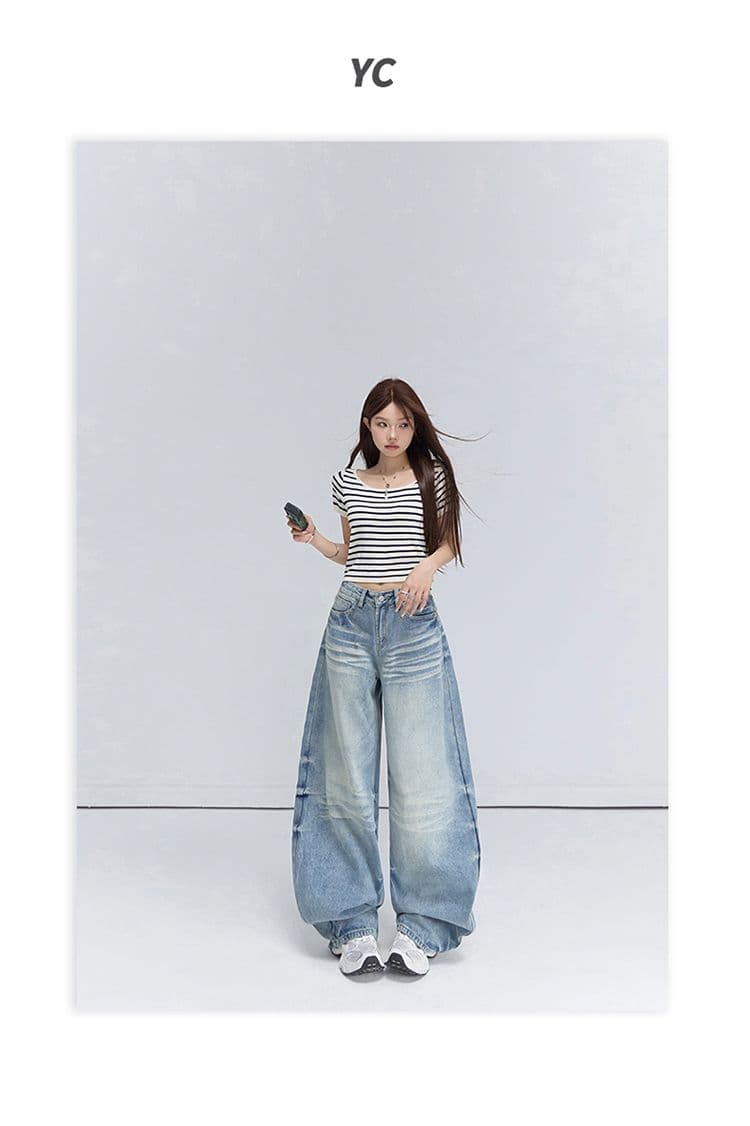 2 색 아메리칸 레트로 하이웨이스트 루즈핏 와이드 레그 팬츠 고양이 발톱 곡물 모통이 칼 바지 다용도 청바지 여성 상세 이미지 24