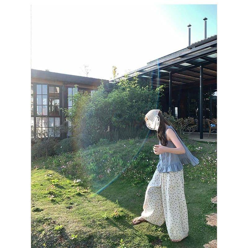 im ~까지 목면 꽃이 핌 리넨 면화 꽃무늬 바지 레이스 배기 바지 여성 넓은 다리 9부 바지 이미지 3