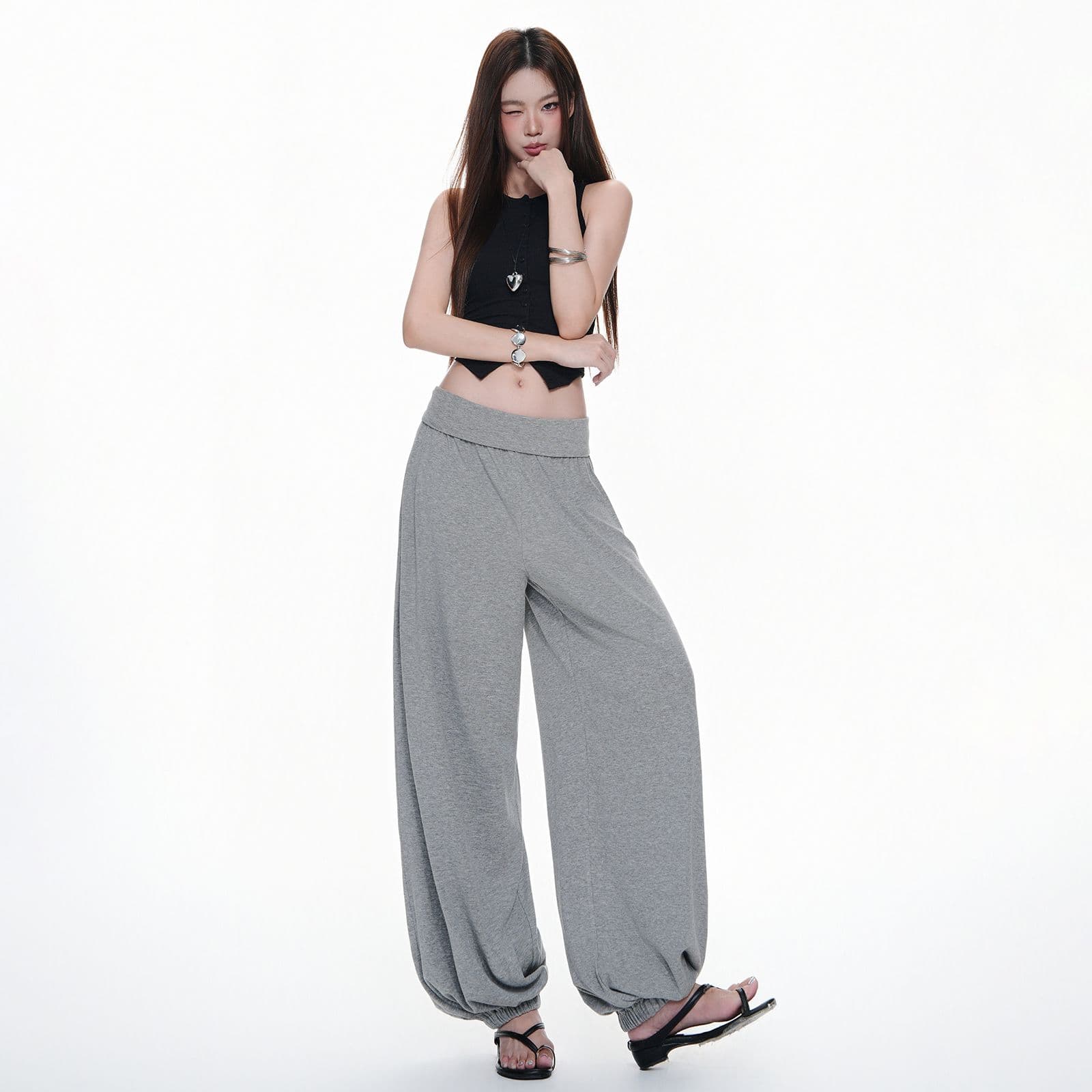무료 호흡 바지 요가 가면 뒤집다 측면 디자인 부드러운 다시 우는 소리 다시 부담하지 마세요. 도루 도루 랜턴 니트 바지 이미지 5