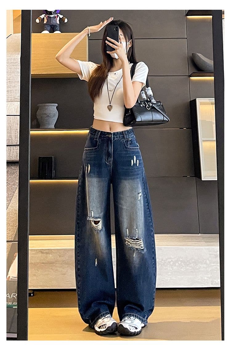 레트로 찢어진 부분 넓은 다리 청바지 여성 여름 새로운 하이웨이스트 슬림해 보이는 아메리칸 높음 거리 모통이 칼 바닥 청소 스트레이트 팬츠 상세 이미지 17