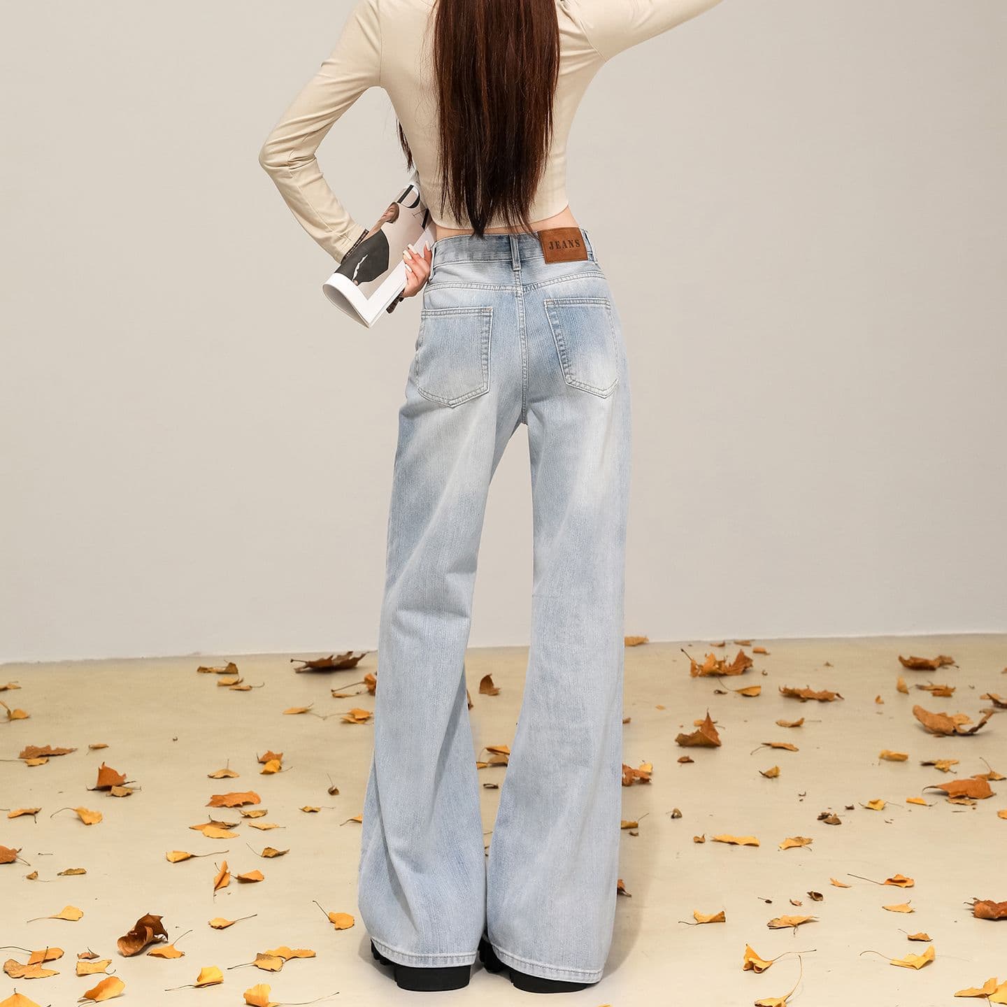 아메리칸 대나무 마디 곡물 레트로 루즈핏 아니요 막대기 다리 마이크로 나팔 바지 다용도 도루 센스 슬림해 보이는 청바지 여성 가을 새로운 이미지 4