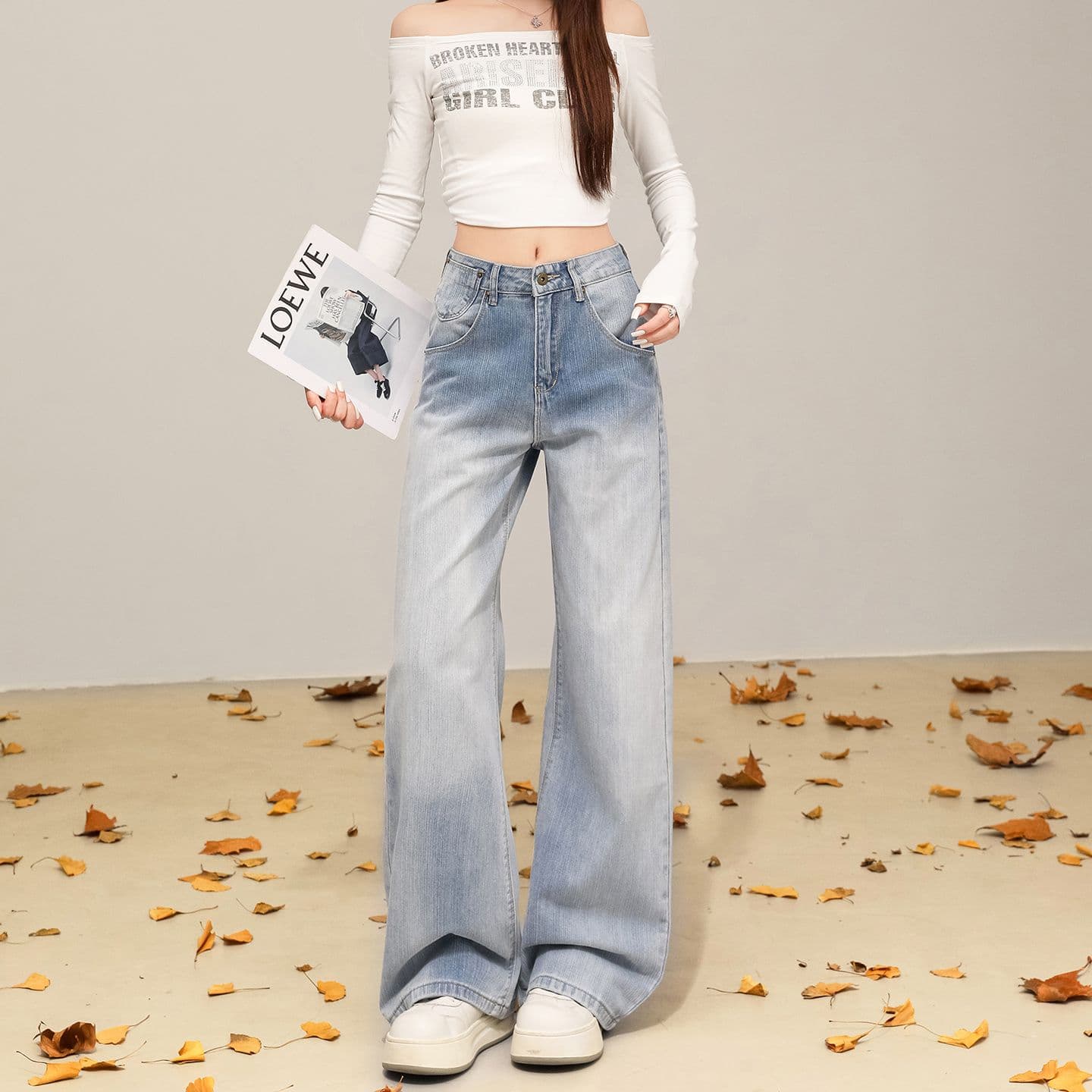파리 버클 아메리칸 하이웨이스트 루즈핏 와이드 레그 팬츠 디자인 센스 수 있습니다. 조정 허리 모통이 칼 바지 청바지 여성 이미지 4