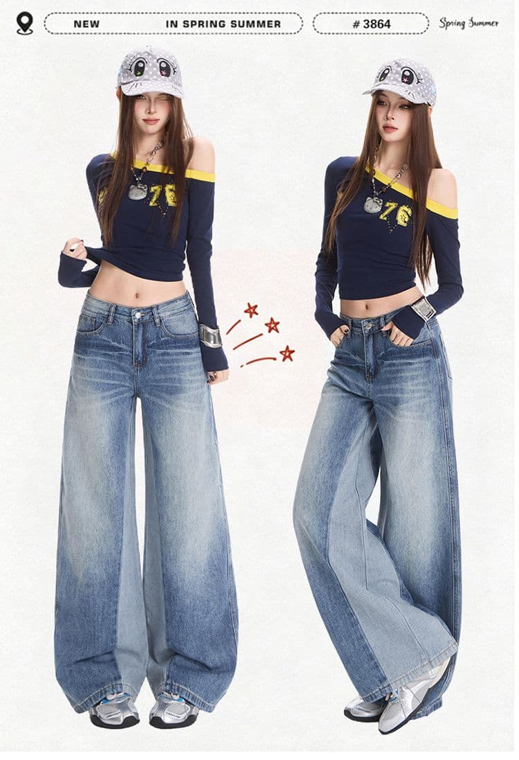 아메리칸 레트로 블루 청바지 여성 새로운 패션 와 성별 패치워크 패치워크 색상 디자인 센스 스트레이트 팬츠 상세 이미지 1