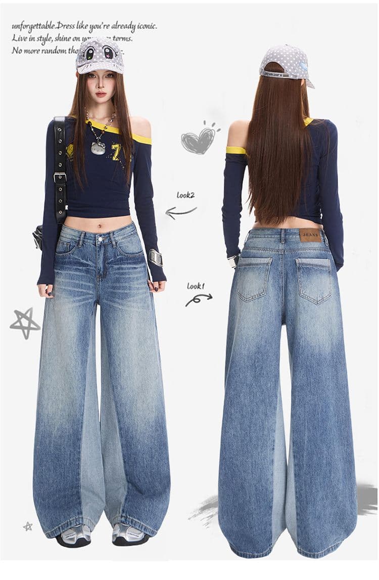 아메리칸 레트로 블루 청바지 여성 새로운 패션 와 성별 패치워크 패치워크 색상 디자인 센스 스트레이트 팬츠 상세 이미지 2