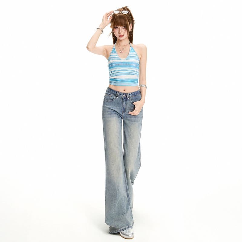 노스탤지어 블루 워싱 마이크로 나팔 청바지 여성 새로운 아메리칸 아니요 막대기 다리 몸매 가꾸기 신축성 바지 이미지 6
