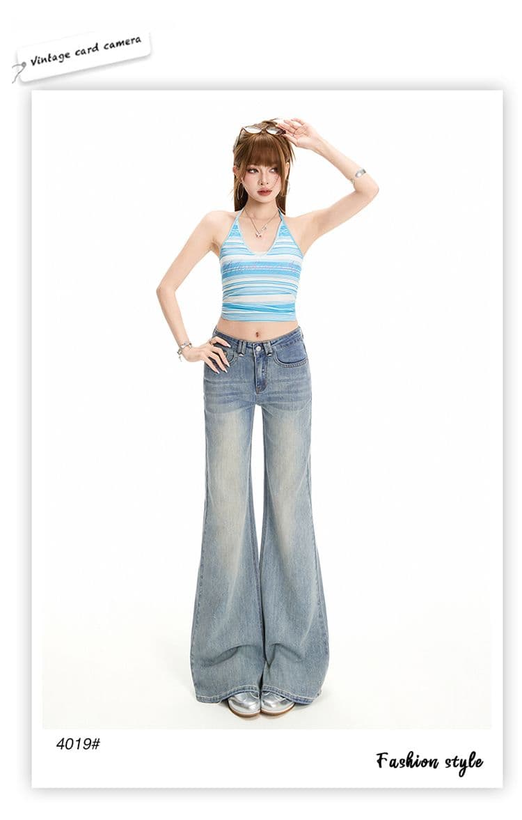 노스탤지어 블루 워싱 마이크로 나팔 청바지 여성 새로운 아메리칸 아니요 막대기 다리 몸매 가꾸기 신축성 바지 상세 이미지 2