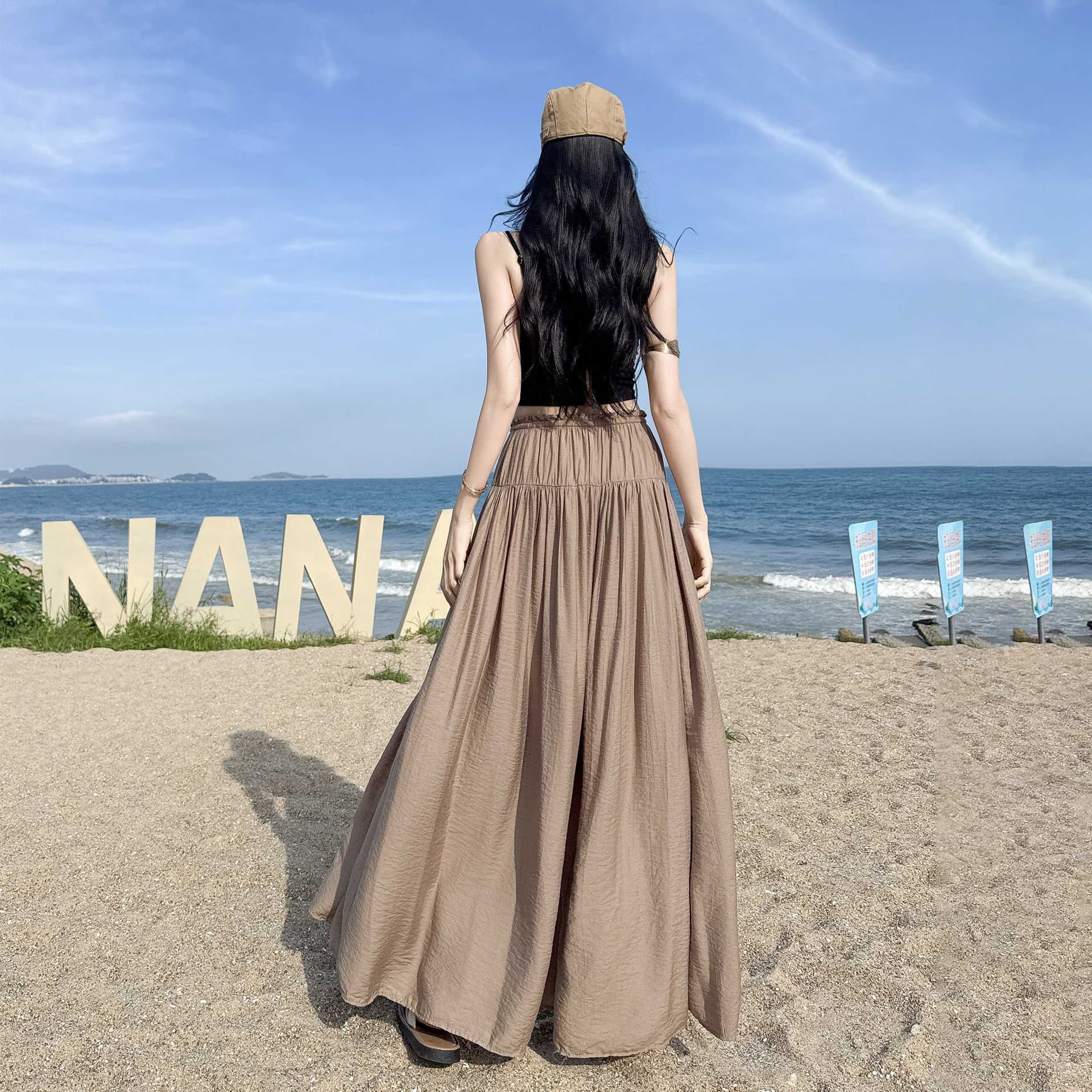 커피 색상 얼음 실크 허리밴드 레이스업 와이드 레깅스 바지 2026 여름 새로운 느슨함 루즈핏 플리츠 도루 센스 바지 이미지 3