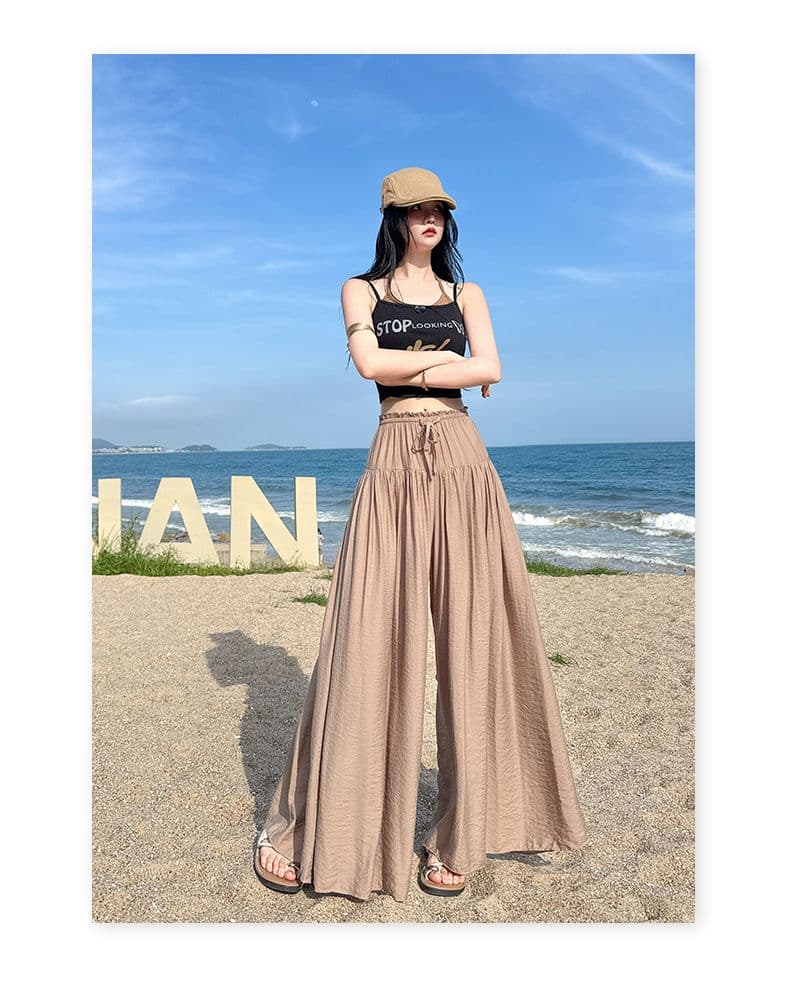 커피 색상 얼음 실크 허리밴드 레이스업 와이드 레깅스 바지 2026 여름 새로운 느슨함 루즈핏 플리츠 도루 센스 바지 상세 이미지 22
