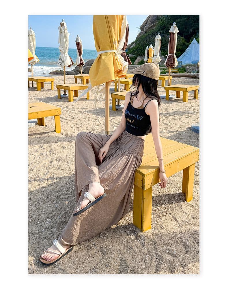 커피 색상 얼음 실크 허리밴드 레이스업 와이드 레깅스 바지 2026 여름 새로운 느슨함 루즈핏 플리츠 도루 센스 바지 상세 이미지 25