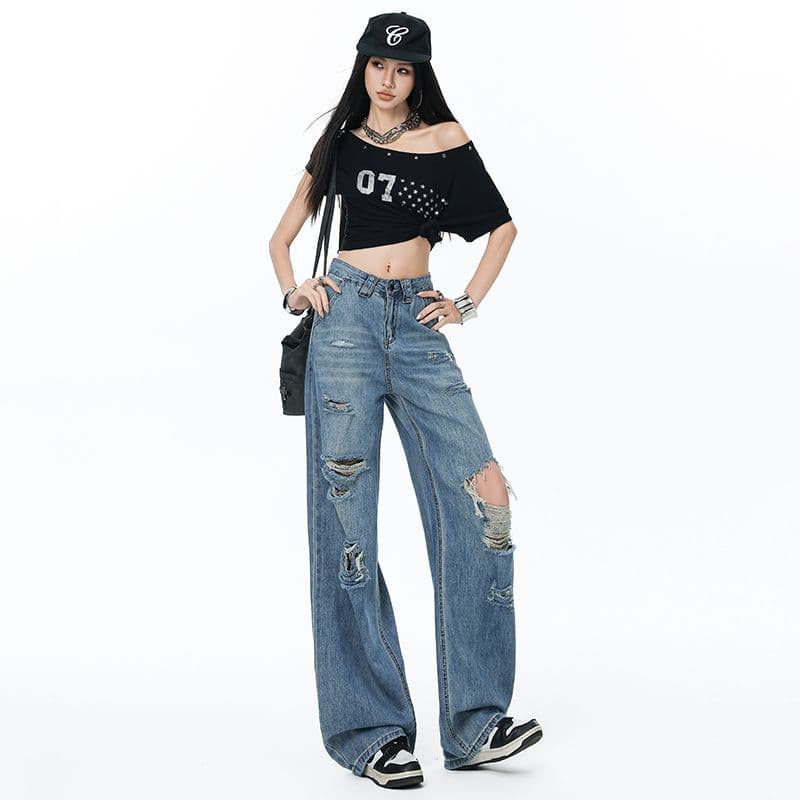 여름 새로운 하이웨이스트 찢어진 부분 청바지 여성 ins 트렌디 디스플레이 높음 슬림해 보이는 핫걸 바닥 청소 바지 여성 작은 키 이미지 3
