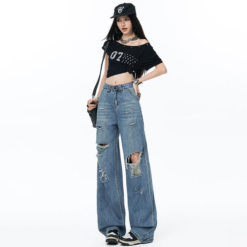 여름 새로운 하이웨이스트 찢어진 부분 청바지 여성 ins 트렌디 디스플레이 높음 슬림해 보이는 핫걸 바닥 청소 바지 여성 작은 키 이미지 4