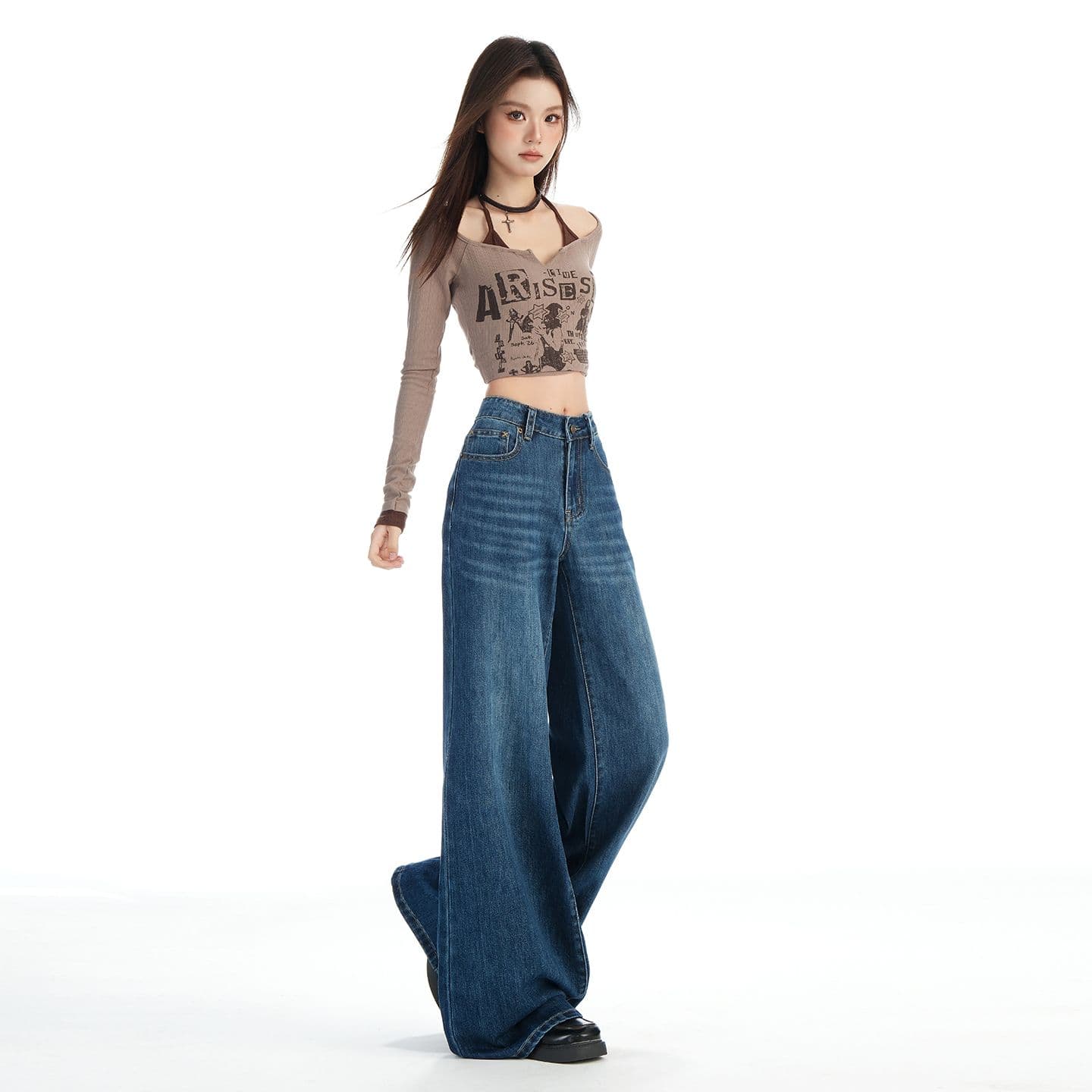아메리칸 레트로 넓은 다리 청바지 여성 2026 년 가을 새로운 하이웨이스트 슬림해 보이는 루즈핏 바닥 청소 바지 이미지 6
