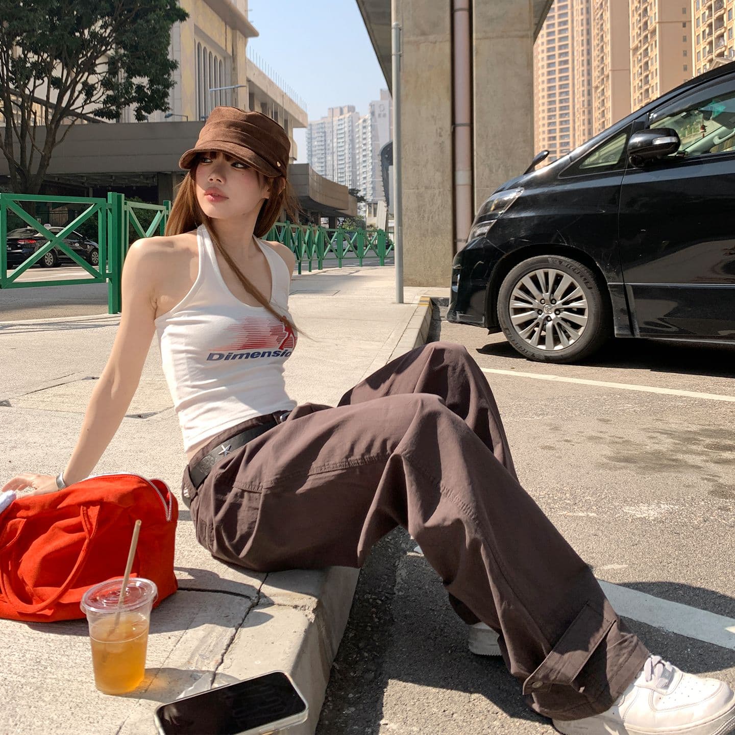잠금 해제 워크웨어 스타일 차가운 바람의 소리 슬림해 보이는 달콤한 차가운 대비 단순한 고급 바지 더블 버클 조절 가능 이미지 3