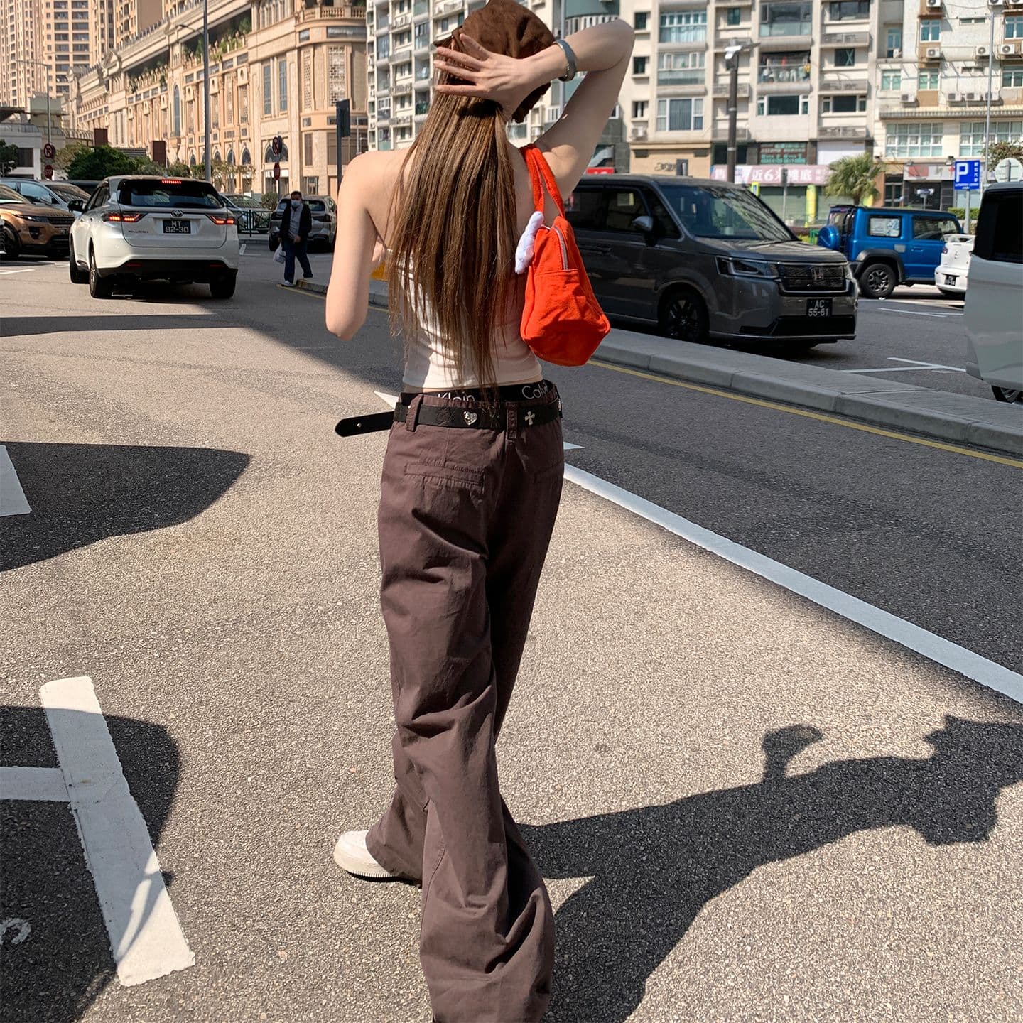 잠금 해제 워크웨어 스타일 차가운 바람의 소리 슬림해 보이는 달콤한 차가운 대비 단순한 고급 바지 더블 버클 조절 가능 이미지 5