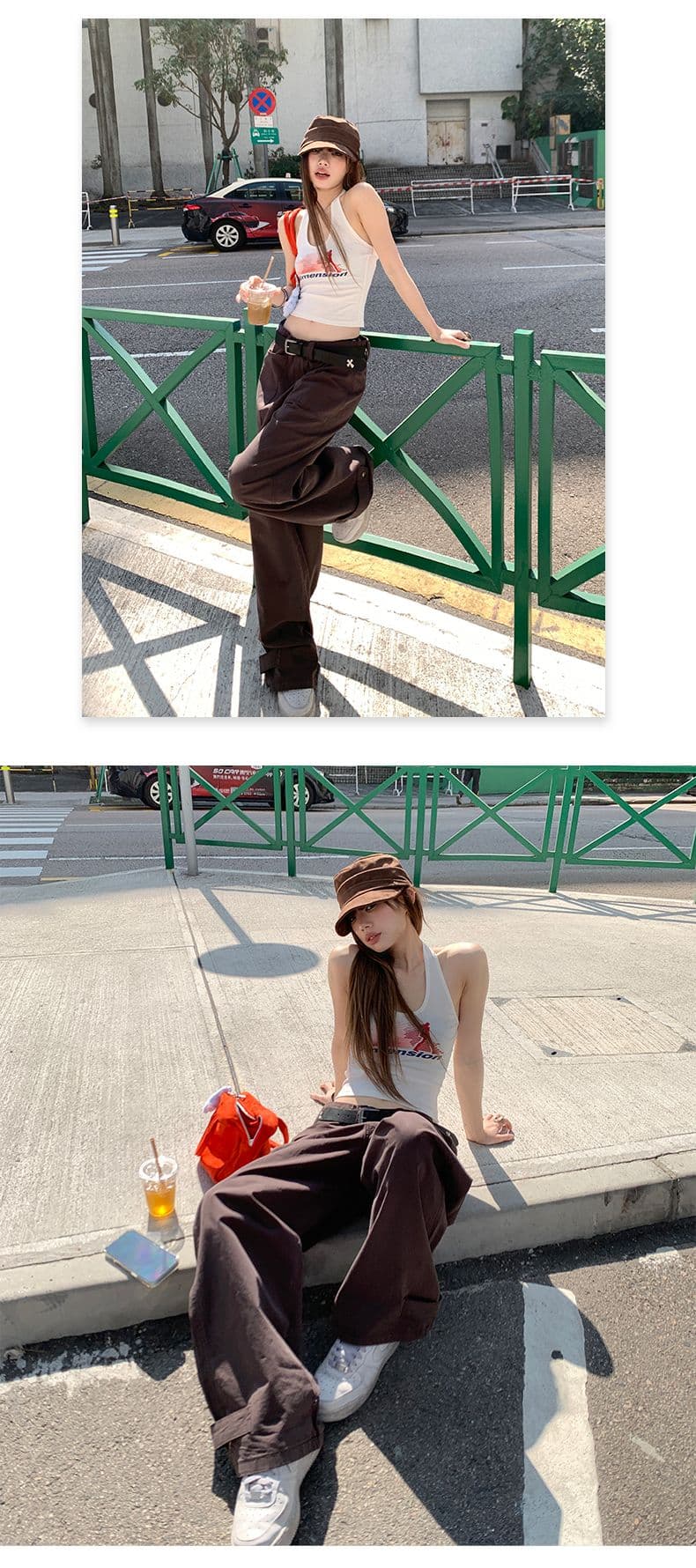 잠금 해제 워크웨어 스타일 차가운 바람의 소리 슬림해 보이는 달콤한 차가운 대비 단순한 고급 바지 더블 버클 조절 가능 상세 이미지 6