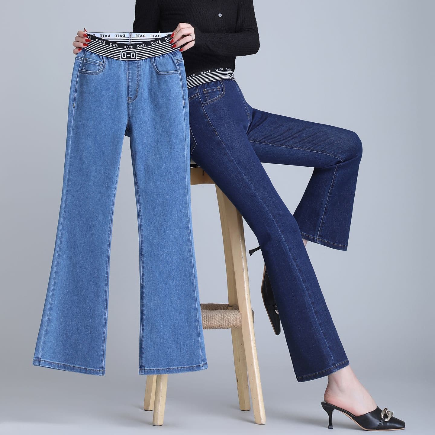 하이웨이스트 밴딩 부츠컷 청바지 여성 몸매 가꾸기 슬림해 보이는 신축성 빅 사이즈 중년 엄마 작은 키 나팔 9부 바지