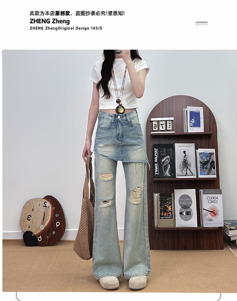 마 오래된 페이크 레이어드 찢어진 부분 마이크로 나팔 청바지 여성 2026 여름 섹션 하이웨이스트 몸매 가꾸기 슬림해 보이는 개성 세련된 바지 상세 이미지 2