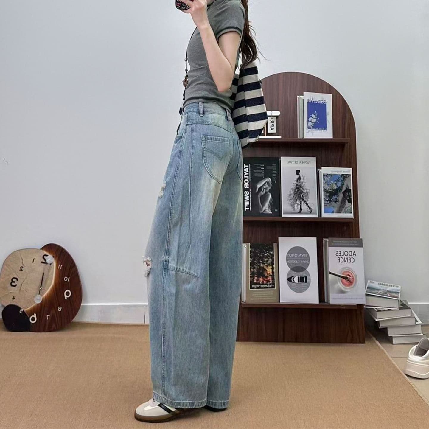 칭촨 블루 찢어진 부분 넓은 다리 2026 봄 여름 새로운 스트레이트 청바지 여성 루즈핏 슬림해 보이는 넓은 다리 이미지 3