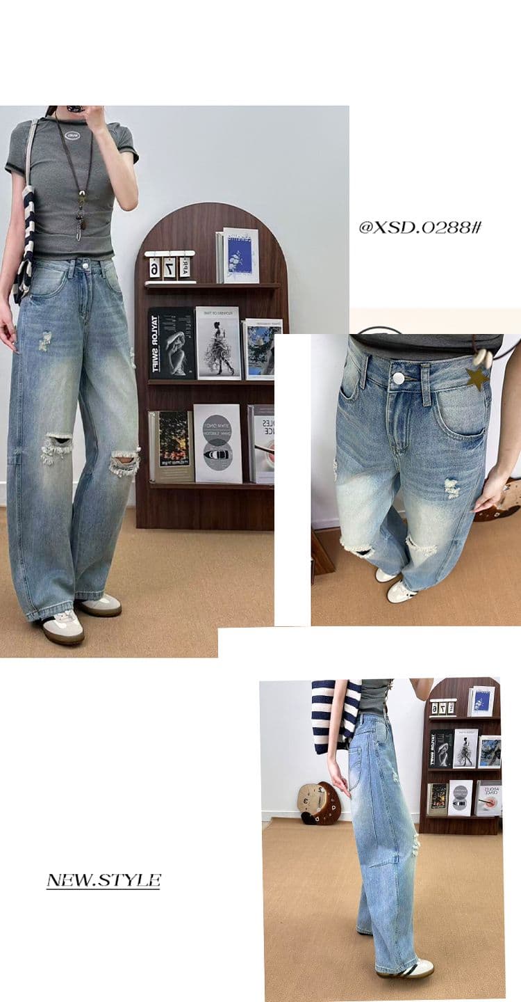 칭촨 블루 찢어진 부분 넓은 다리 2026 봄 여름 새로운 스트레이트 청바지 여성 루즈핏 슬림해 보이는 넓은 다리 상세 이미지 4