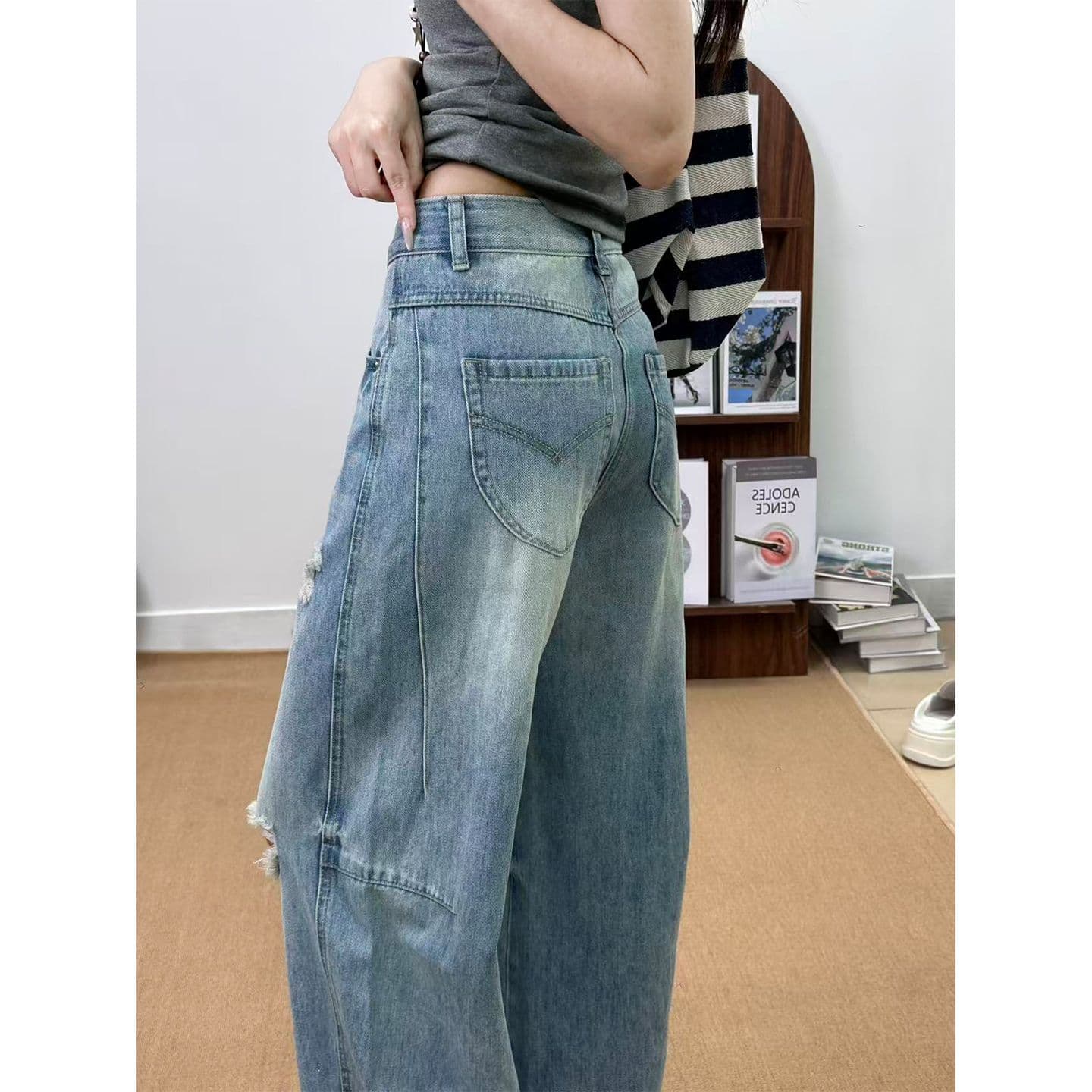 칭촨 블루 찢어진 부분 넓은 다리 2026 봄 여름 새로운 스트레이트 청바지 여성 루즈핏 슬림해 보이는 넓은 다리 상세 이미지 6