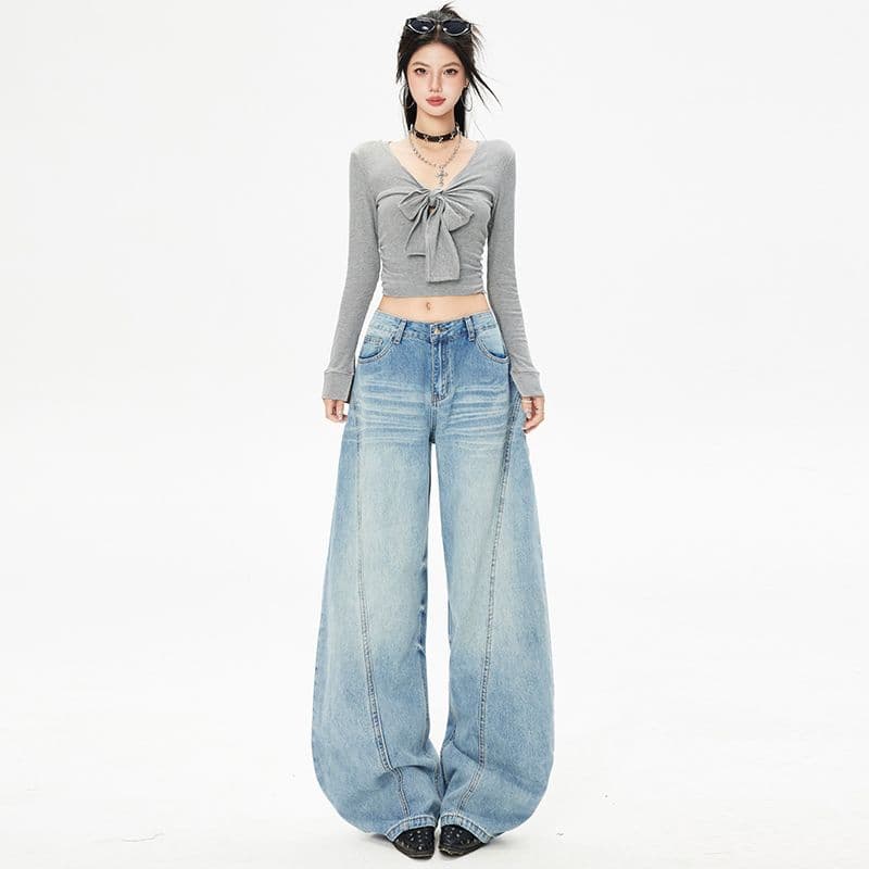 2026 가을 의상 새로운 넓은 다리 모통이 칼 바지 여성 의류 청바지 스트레이트 팬츠 레트로 블루 데님 긴 바지 길이 연장 이미지 2