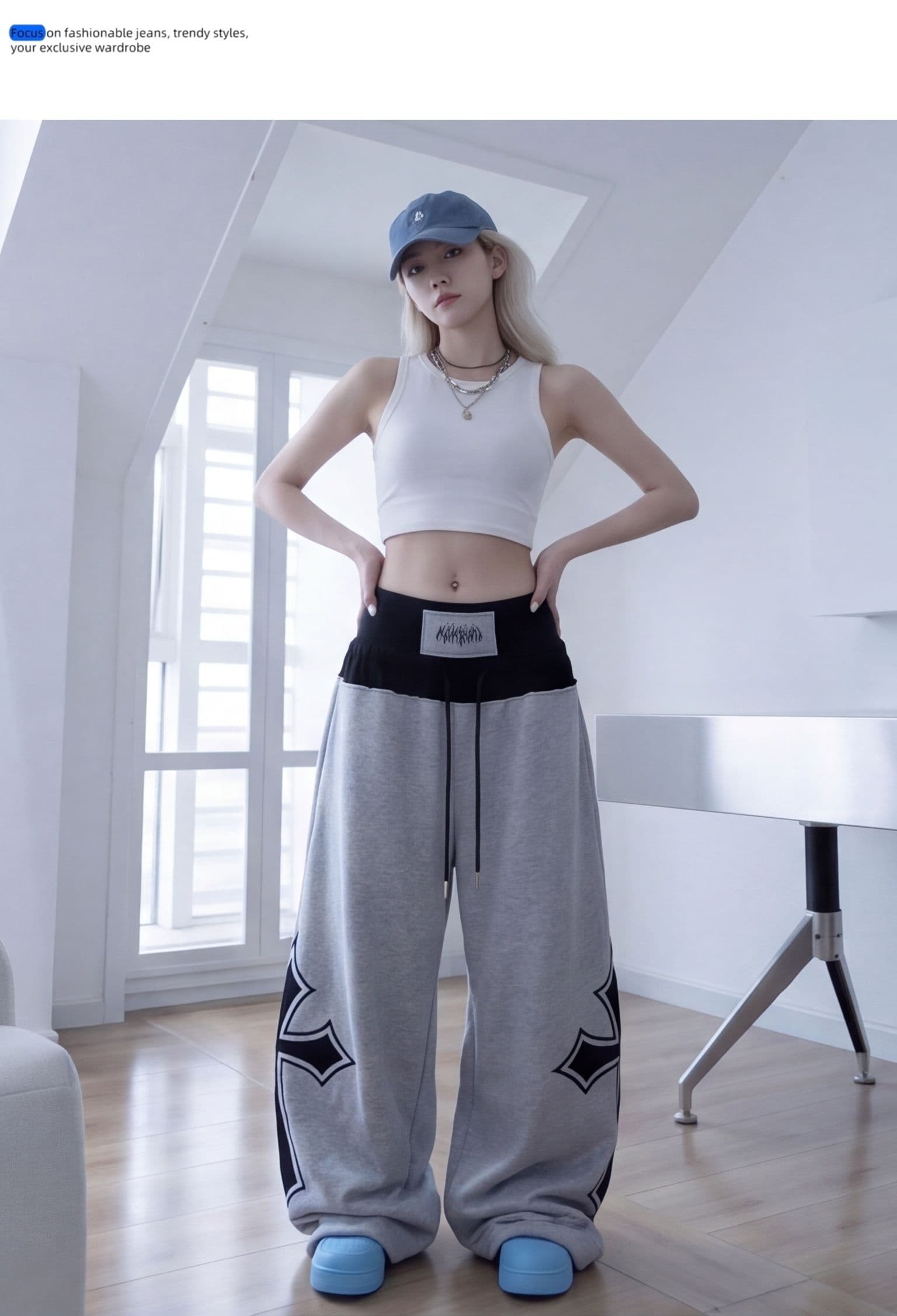 아메리칸 무거운 작업 십자가 자수 패치워크 운동 웨이 바지 여성 거리 디자인 센스 루즈핏 캐주얼 스트레이트 와이드 레그 팬츠 상세 이미지 17