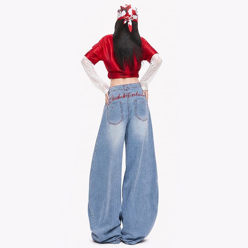 아메리칸 90s 레트로 하늘색 명중 명시적 스티치 자수 가방 얼굴 수리 다리 슬림해 보이는 모통이 칼 넓은 다리 청바지 이미지 4