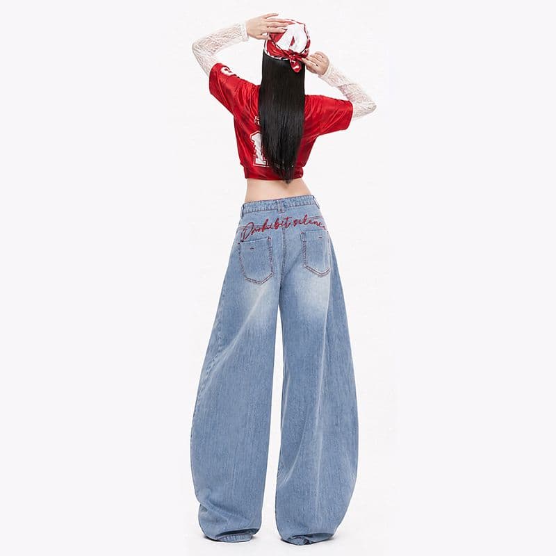 아메리칸 90s 레트로 하늘색 명중 명시적 스티치 자수 가방 얼굴 수리 다리 슬림해 보이는 모통이 칼 넓은 다리 청바지 이미지 3