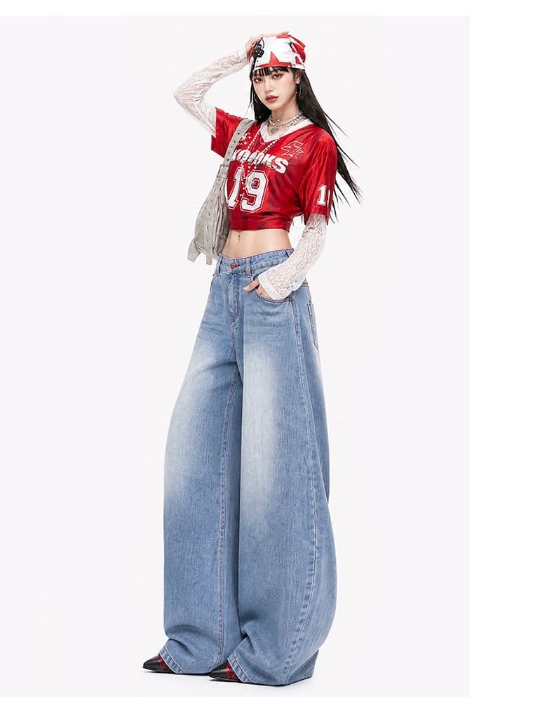 아메리칸 90s 레트로 하늘색 명중 명시적 스티치 자수 가방 얼굴 수리 다리 슬림해 보이는 모통이 칼 넓은 다리 청바지 상세 이미지 11