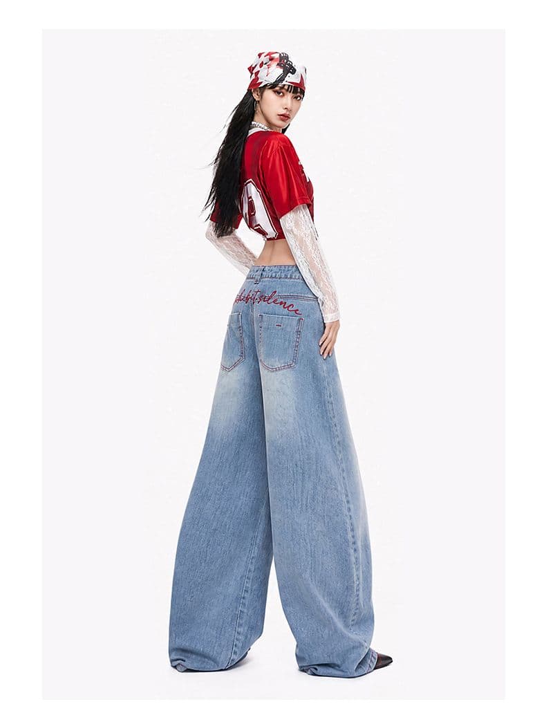 아메리칸 90s 레트로 하늘색 명중 명시적 스티치 자수 가방 얼굴 수리 다리 슬림해 보이는 모통이 칼 넓은 다리 청바지 상세 이미지 13