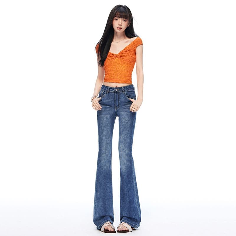높음 폭탄 나팔 청바지 몸매 가꾸기 한국 스타일 슬림해 보이는 도루 센스 바닥 청소 하이웨이스트 부츠컷 9 포인트 긴 바지 길이 연장 이미지 2