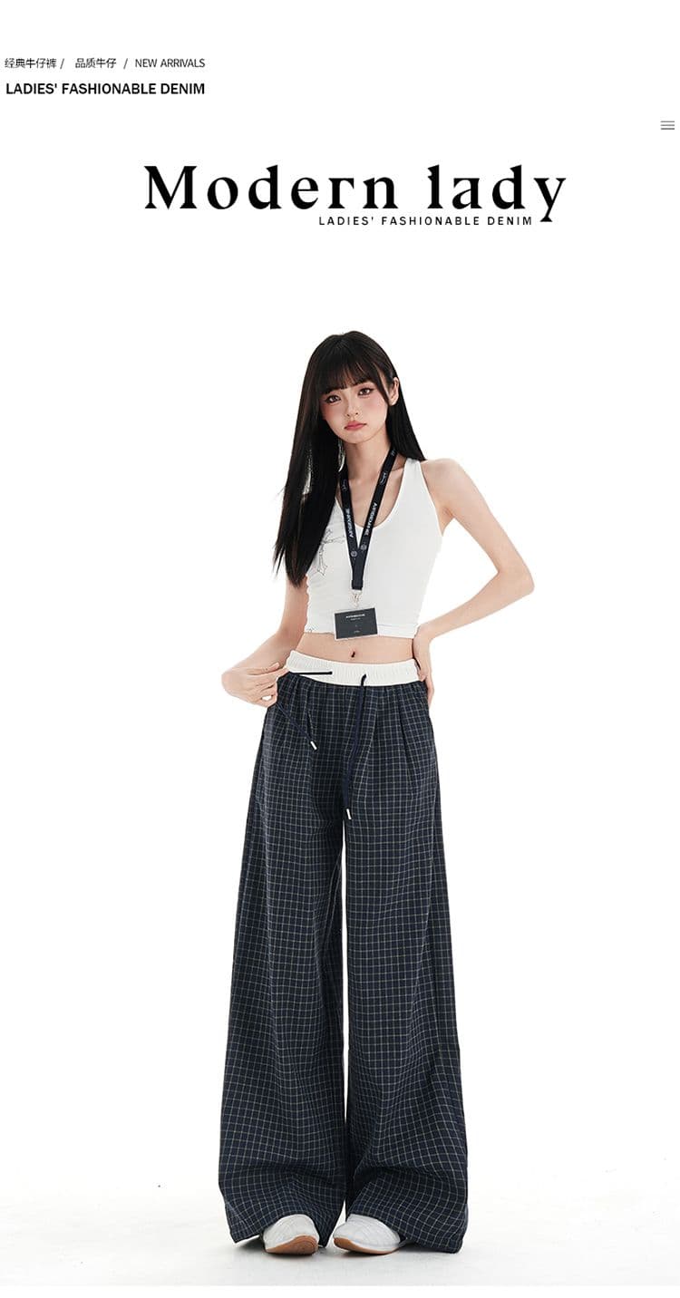 아메리칸 체크무늬 바지 느슨함 센스 운동 캐주얼 바지 여성 2026 여름 루즈핏 스트레이트 느긋한 넓은 다리 굴곡 바지 상세 이미지 1