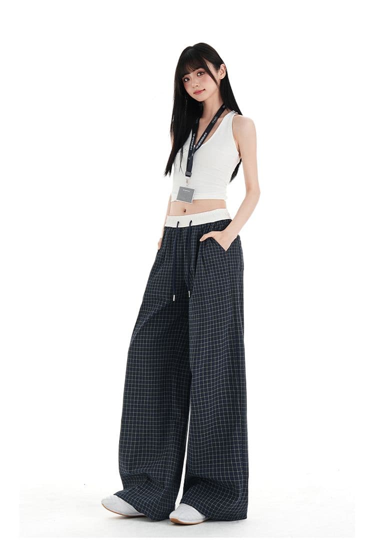 아메리칸 체크무늬 바지 느슨함 센스 운동 캐주얼 바지 여성 2026 여름 루즈핏 스트레이트 느긋한 넓은 다리 굴곡 바지 상세 이미지 18