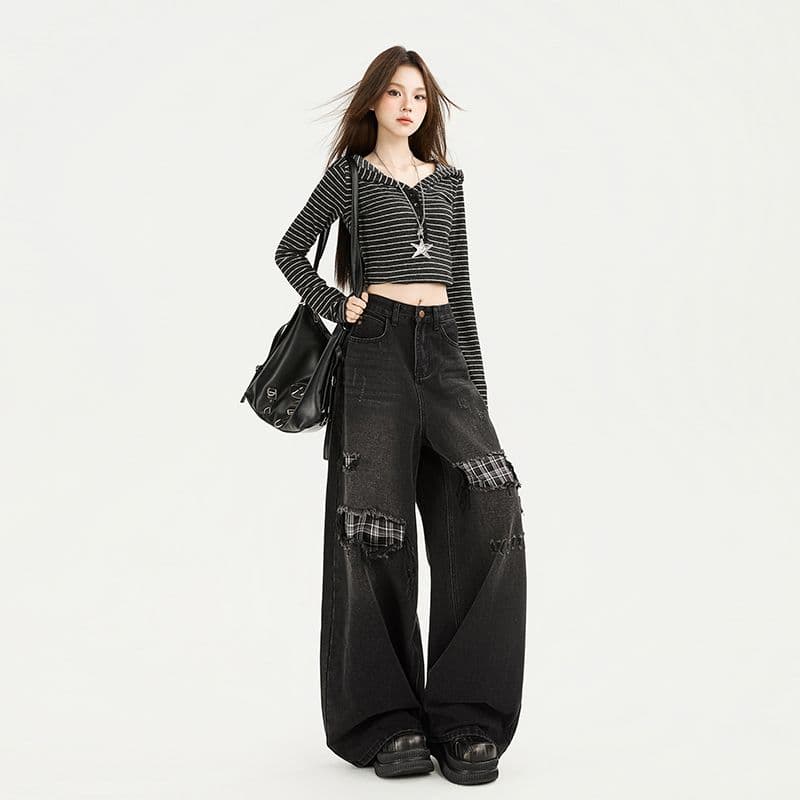 2026 이른 가을 새로운 아메리칸 레트로 체크무늬 패치워크 청바지 여성 루즈핏 스트레이트 넓은 다리 바닥 청소 롱 바지 이미지 3