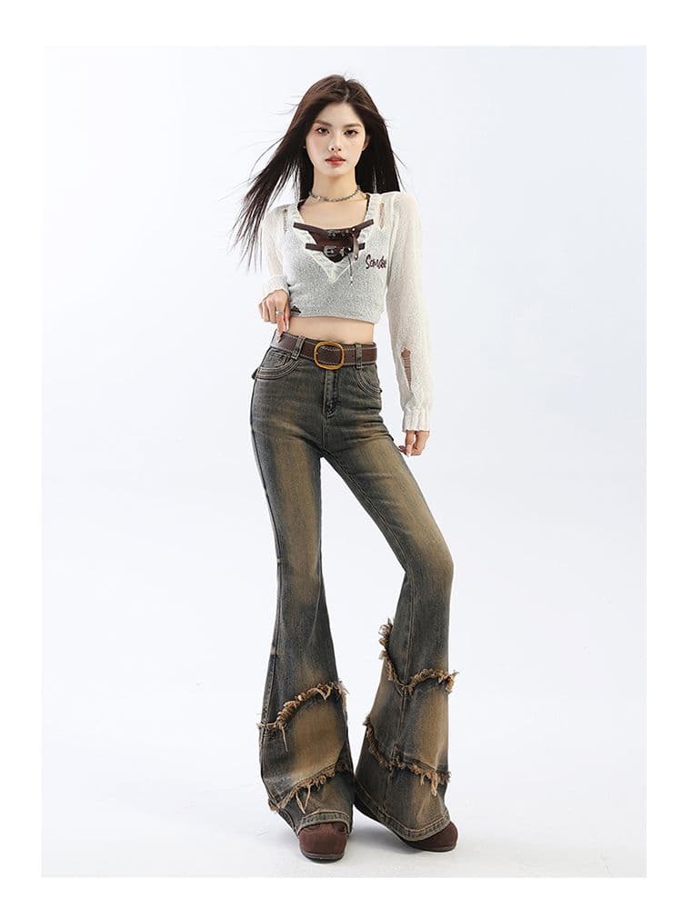 유럽 상품 핫걸 마이크로 나팔 청바지 여성 2026 이른 가을 새로운 술 거친 가장자리 패치워크 워크웨어 호스 슈 바지 상세 이미지 12